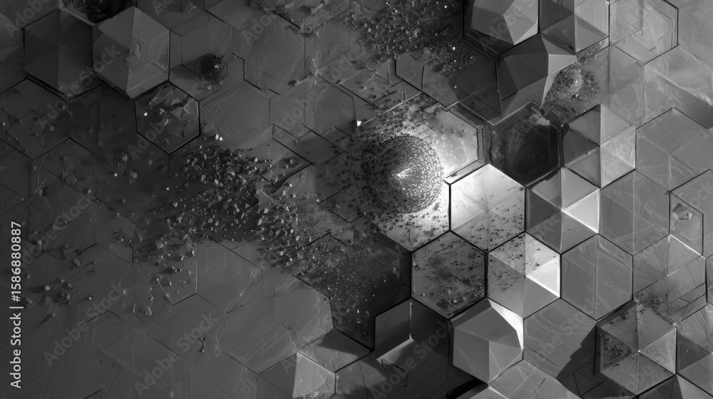 Aufkleber metallic hexagonal tiles cluster together, forming the base for a satellite antenna structure, showc