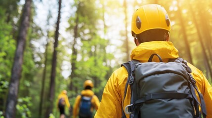 A group of people presumably students engaged in a team building outdoor adventure activity in a lush verdant forest setting  They are wearing backpacks and helmets indicating an active