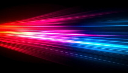Futuristic neon light trails with dynamic motion blur. Abstract background of glowing pink, red, and blue laser streaks representing speed and technology on a dark canvas.