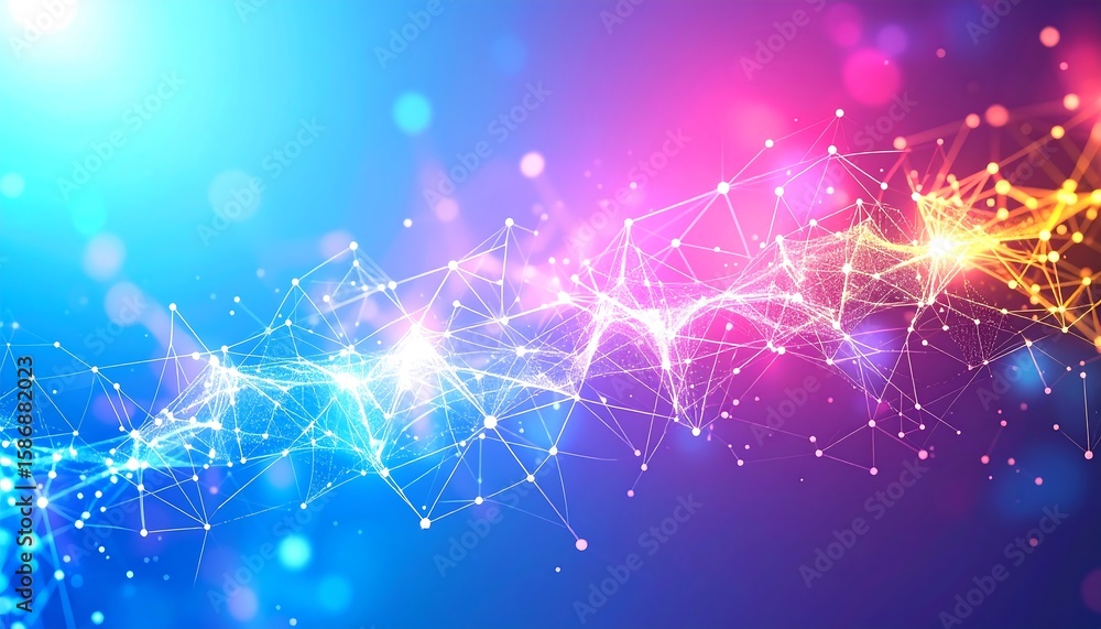 Poster abstract neural network visualization with glowing plexus and nodes on a vibrant blue and pink gradi