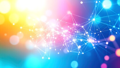 Abstract neural network with glowing nodes and connections. Futuristic AI and big data concept on a vibrant yellow, pink, and blue gradient background with bokeh lights.