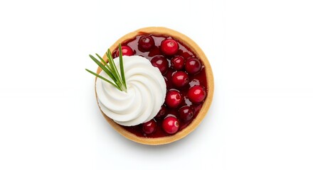 Miniature Cranberry Tart with Whipped Cream and Rosemary on White