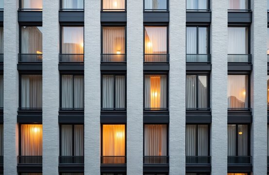 Modern apartment building facade featuring repeating pattern of windows, light grey brickwork. Windows glow with warm interior light, creating contrast against clean, bright exterior structure.