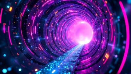 Obraz premium A vibrant digital tunnel with glowing purple, pink, and blue lights creates a futuristic, immersive visual effect resembling data flow or a cyber portal.