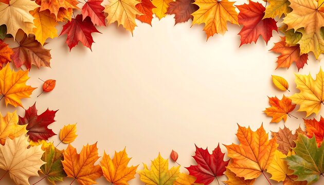 Autumnal frame of vibrant red, orange, and yellow maple leaves on a warm beige background. Cozy fall seasonal banner template with ample copy space for Thanksgiving or sale promotions.