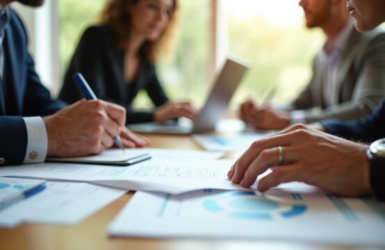 Diverse team collaborates in office, focusing on laptops, documents. Professionals discuss business, finance, strategy, showing teamwork, productivity. Natural light enhances modern, efficient