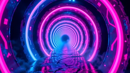 Fototapeta premium A futuristic tunnel glowing with vibrant pink and blue neon lights, featuring a reflective cracked floor.