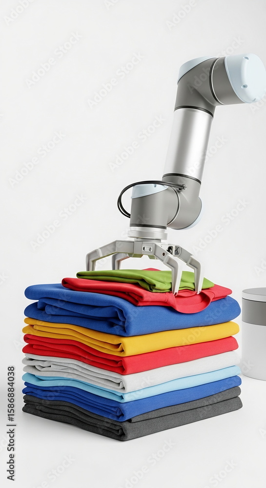 Poster automated robot hand stacking colorful apparel