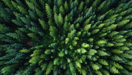 Aerial view of lush evergreen forest, radiating outwards, used for nature conservation