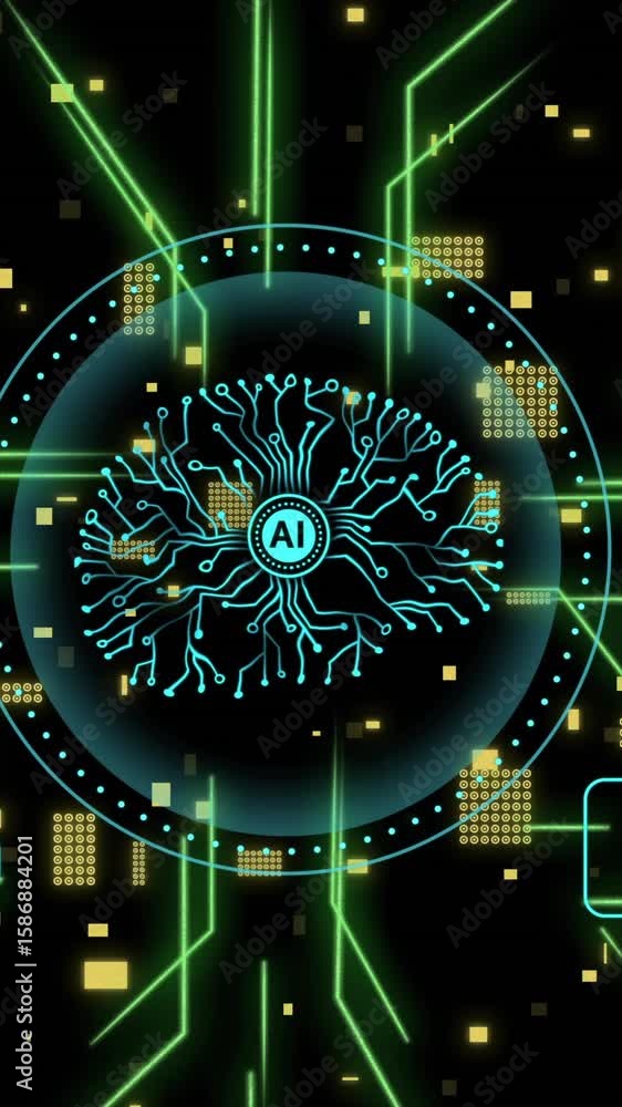 Poster animation of human brain and ai data processing over black background