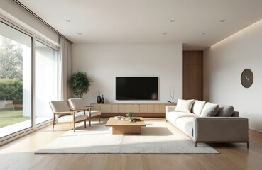 Minimalist living room with light wood floor, white walls, and large window. Features contemporary sofa, armchairs, coffee table, and TV stand. Offers comfortable, modern home ambiance.
