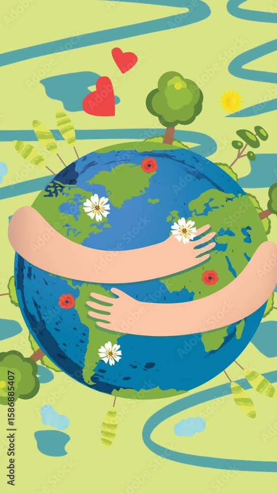 Aufkleber animation of arms wrapped around globe and trees on green background