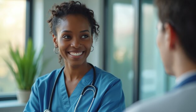 Smiling nurse in blue scrubs, wearing stethoscope, talks to colleague in medical office. Healthcare pro discusses patient care, medical experience with physician in hospital clinic.