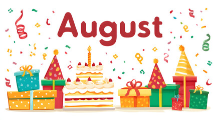 A cheerful illustration featuring "August" in bold text, surrounded by gifts, a cake, party hats, confetti, and streamers, celebrating the month.