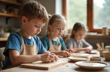 Children engaged in pottery class, creating ceramic plates with clay. Young artists focus intently on their craft, learning pottery skills in a hands-on workshop environment.