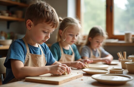Children engaged in pottery class, creating ceramic plates with clay. Young artists focus intently on their craft, learning pottery skills in a hands-on workshop environment.