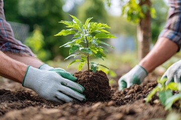 Planting sapling, garden teamwork, sunny day, background greenery,  environmental conservation