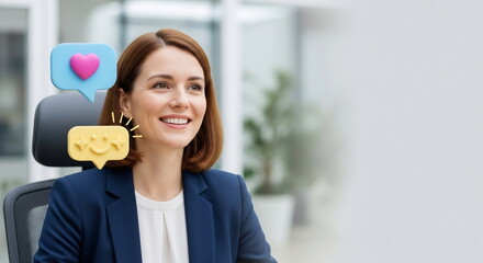 Happy businesswoman with positive online feedback and social media