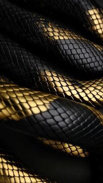 Abstract close-up of textured surface with black scales and metallic gold accents curving diagonally.