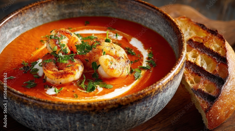 Poster a sumptuous display of tomato soup swirled with cream resting in a rustic bowl with plump shrimp and