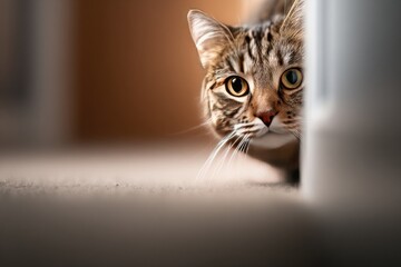 Close-up of a tabby cat peering from behind an object.