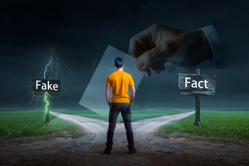 Surreal scene of decision-making under fake news influence, young man facing truth or lie path, political symbolism