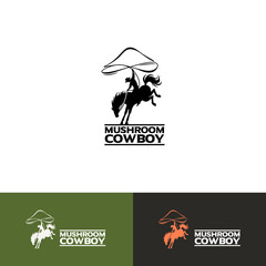Logo concept for ‘Mushroom Cowboy’, featuring a bucking horse and a cowboy holding a rope that resembles a mushroom shape.