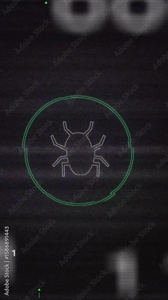 Poster Animating bug icon and binary code over dark background