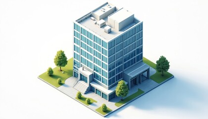 Clean isometric illustration of modern corporate office building. Features crisp lines, minimal shading, blue glass facade. Set on white background with surrounding green space, trees, building