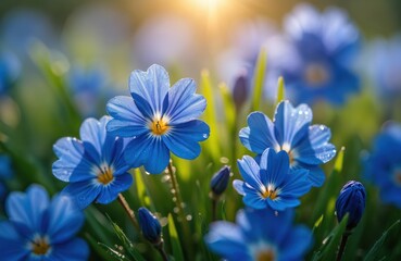 Vibrant blue flowers glistening morning dew. Soft sunlight bathes petals, texture, delicate wet droplets. Macro shot captures freshness, floral detail, subtle color hues of nature in bloom.