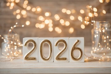 Decorative blocks displaying the year 2026, surrounded by warm fairy lights and glass jars, creating a cozy and festive atmosphere for celebrations and new beginnings