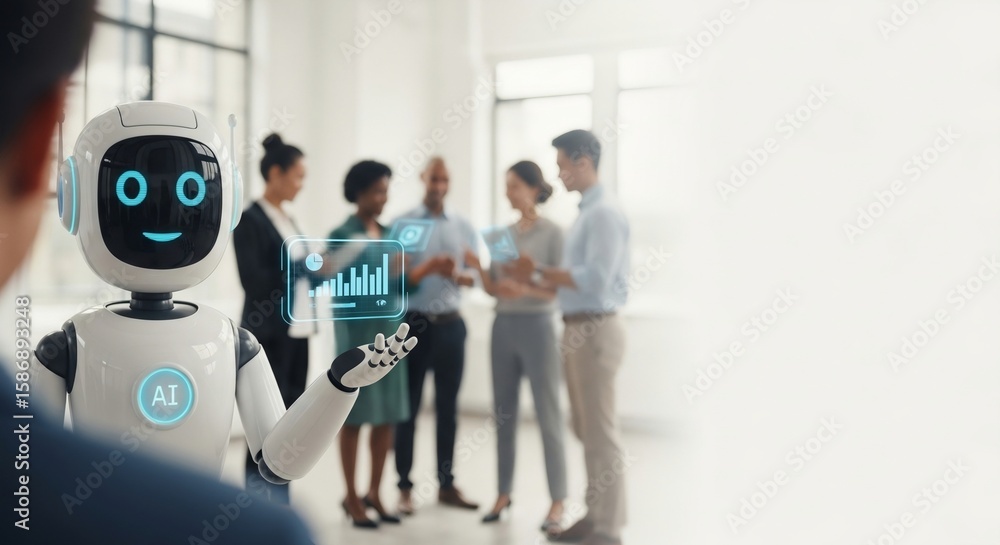 Poster ai robot presenting holographic business data and charts