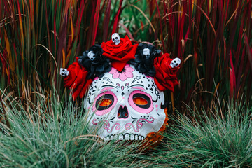 Dia de los Muertos. Decorative Skull Mask on a Pumpkin Outdoors.Day of the Dead Background.Death...
