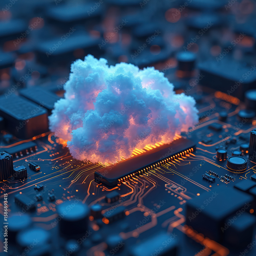 Poster digital cloud merges with glowing circuit board, data integration. blue, orange tones highlight tech