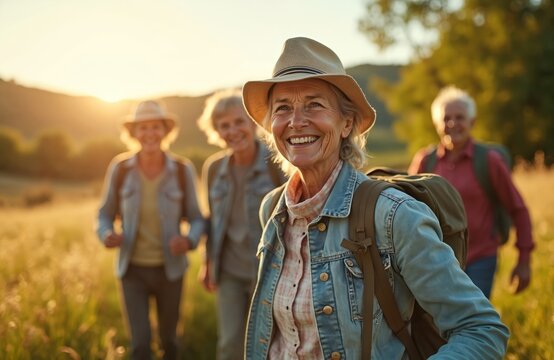 Group of senior friends happily hike through sun-drenched countryside. Cheerful companions, aged in 60s, walk together with backpacks, enjoying nature during summer holiday. Embrace active retirement
