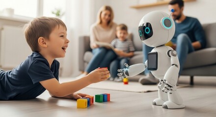 Smiling child plays with AI robot and building blocks at home