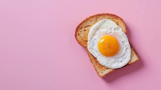 A perfectly toasted bread slice topped with a fried egg is presented against a smooth pink backdrop table, offering a simple yet appetizing view of a light breakfast.