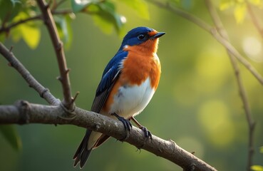Vibrant European robin bird with blue, orange, white plumage sits perched on textured tree branch. Sunlight filters through blurred green leaves, creating soft bokeh effect, bird delicate feathers,