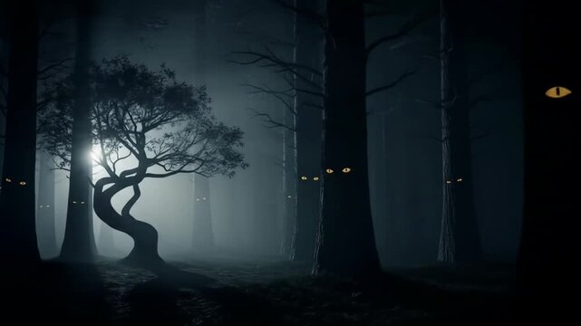 Eerie night forest with glowing eyes between dark mysterious trees and fog shadows.