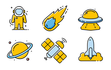 Colorful Space Icons Set with Astronaut, Rocket, Planet, Satellite, UFO and Meteor in Cartoon Style.