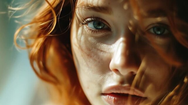 Closeup of a young woman with striking red hair and piercing blue eyes, her hair gently blowing, suggesting natural beauty, emotion, and human connection. Blind date interaction