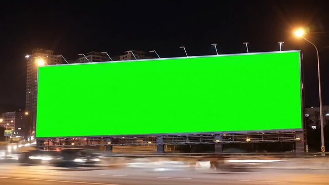 A green screen billboard at night on a busy highway, perfect for advertising mockups. Cars and buses pass by creating motion blur.