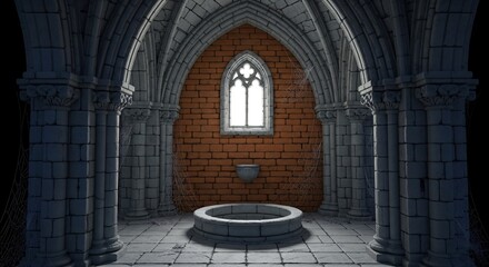Fototapeta premium Gothic interior featuring stone arches, columns, and a window on a brick wall. A well sits in the center, with spiderwebs covering parts of the scene.