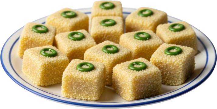 Numerous small square pastries with granulated topping and green ring decoration on a plate transparent background