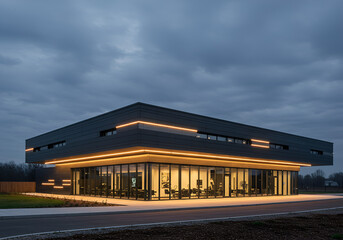 Fototapeta premium Modern Single-Story Home with Wide Overhang at Dusk