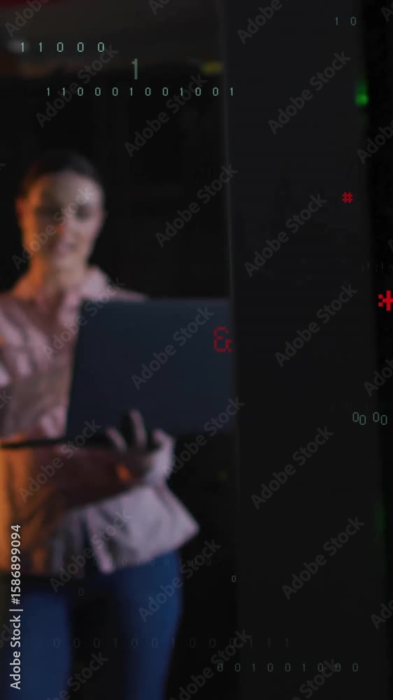 Poster two people analyzing data on laptop with binary code animation overlay