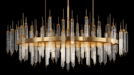 Luxurious chandelier with crystal rods and gold accents against a dark background