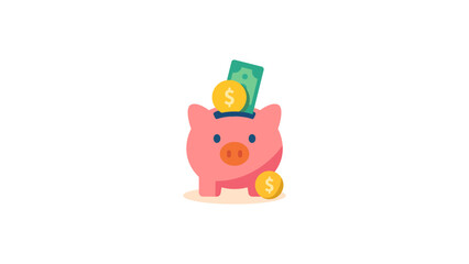 Glossy piggy bank icon with gold coin and cash, perfect for savings, finance, and budgeting visuals