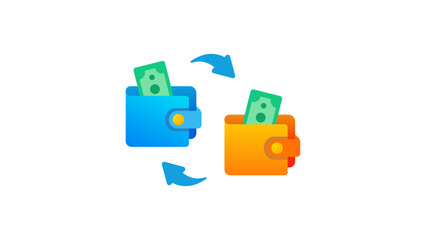 Glossy wallet transfer icon with blue and orange color, designed for digital finance and money exchange interface