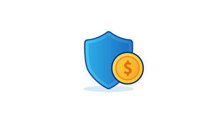 Glossy blue shield icon with gold coin symbolizing financial security, digital protection, and money insurance